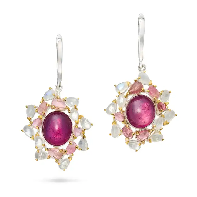 NO RESERVE - A PAIR OF GLASS-FILLED RUBY, MOONSTONE AND PINK TOURMALINE CLUSTER DROP EARRINGS each