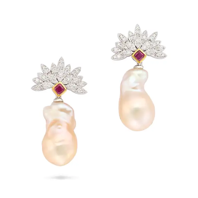 A PAIR OF BAROQUE PEARL, RUBY AND DIAMOND DROP EARRINGS each designed as a foliate spray set with an