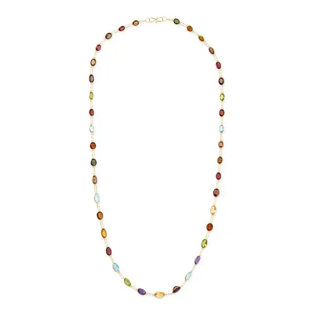 A MULTI GEM CHAIN NECKLACE set with a row of oval cut blue topaz, peridot, citrine, amethyst,