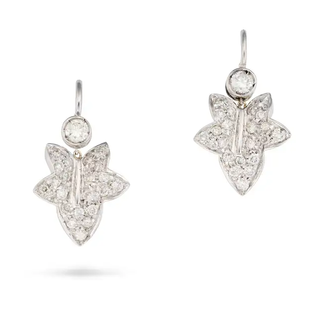 A PAIR OF DIAMOND IVY LEAF DROP EARRINGS each designed as an ivy leaf pave set with round