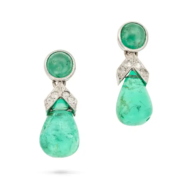 A PAIR OF COLOMBIAN EMERALD AND DIAMOND DROP EARRINGS each set with a round cabochon emerald,