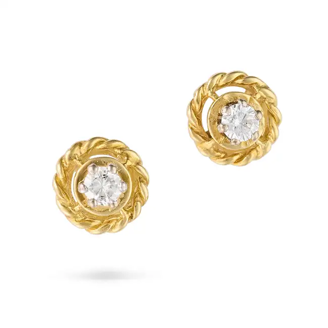 A PAIR OF DIAMOND STUD EARRINGS each set with a round brilliant cut diamond within a twisted border,