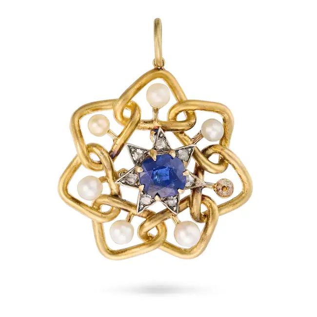 AN ANTIQUE AUSTRIAN SAPPHIRE, DIAMOND AND PEARL STAR BROOCH, 19TH CENTURY in yellow gold and silver,