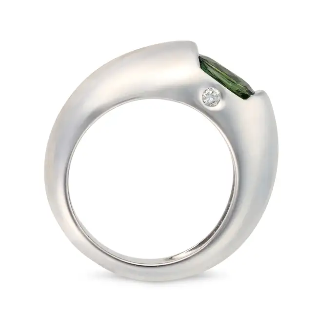PIAGET, A GREEN SAPPHIRE AND DIAMOND RING, 1998 set with a cushion cut green sapphire, accented by a