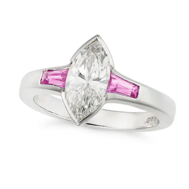 A DIAMOND AND PINK SAPPHIRE RING in platinum, set with a marquise cut diamond of 1.61 carats between