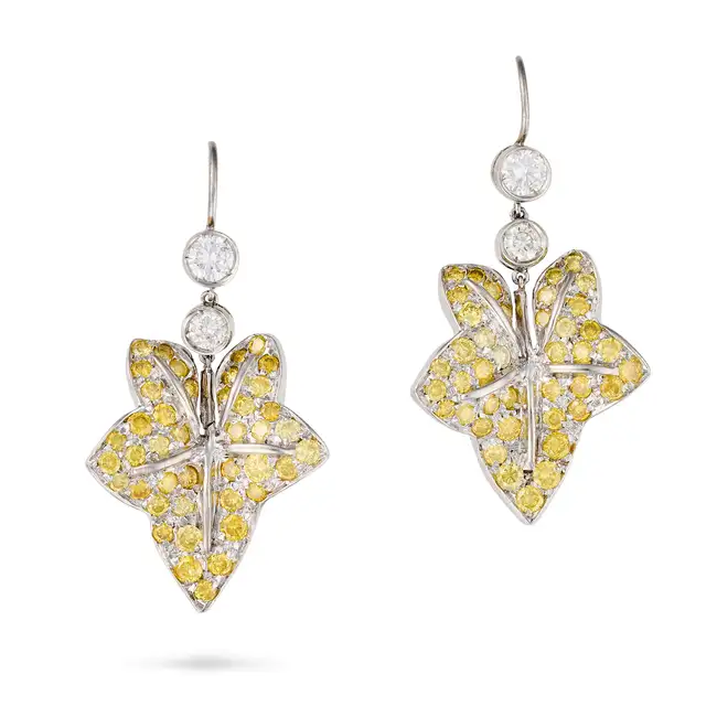 A PAIR OF YELLOW DIAMOND IVY DROP EARRINGS each suspending an ivy leaf drop set with round brilliant