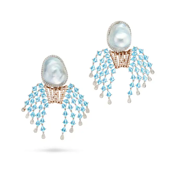 A PAIR OF GREY PEARL, BLUE TOPAZ AND DIAMOND DAY TO NIGHT EARRINGS each set with a baroque grey