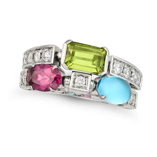 BULGARI, A PINK TOURMALINE, PERIDOT, BLUE TOPAZ AND DIAMOND ALLEGRA RING in 18ct white gold,