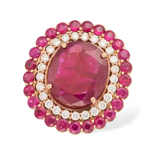 A 4.82 CARAT UNHEATED RUBY AND DIAMOND RING set with a cushion cut ruby of 4.82 carats in a double