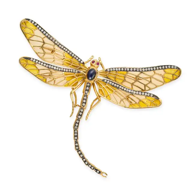 A SAPPHIRE, DIAMOND, RUBY AND PLIQUE A JOUR ENAMEL DRAGONFLY BROOCH designed as a dragonfly with