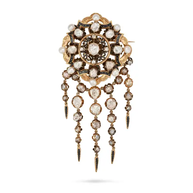 A FINE ANTIQUE FRENCH DIAMOND, PEARL AND ENAMEL BROOCH / PENDANT, 19TH CENTURY in 18ct yellow