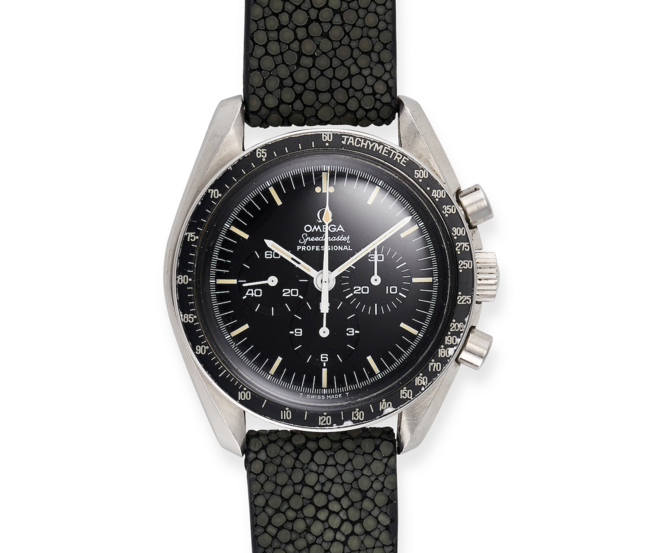 OMEGA - A VINTAGE OMEGA SPEEDMASTER PROFESSIONAL WRISTWATCH in stainless steel, 145.022-74ST, c.1974, the circular black dial with three subsidiary dials and outer tachymetre bezel, to an aftermarket shagreen strap and buckle, 40mm.