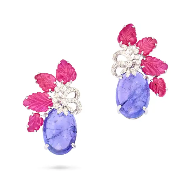 A PAIR OF TANZANITE, RUBY AND DIAMOND EARRINGS each in foliate design, set with an oval cabochon