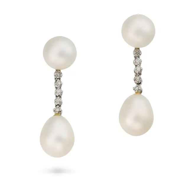 A PAIR OF PEARL AND DIAMOND DROP EARRINGS each comprising a pearl stud of 9.1mm and 9.2mm