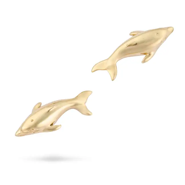 A PAIR OF DOLPHIN EARRINGS each designed as a dolphin, butterflies stamped 14K, 2.6cm, 3.8g.