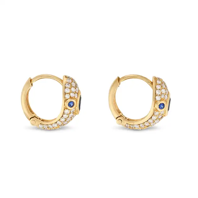 NO RESERVE - A PAIR OF SAPPHIRE AND DIAMOND SNAKE HUGGIE HOOP EARRINGS in 18ct yellow gold, each