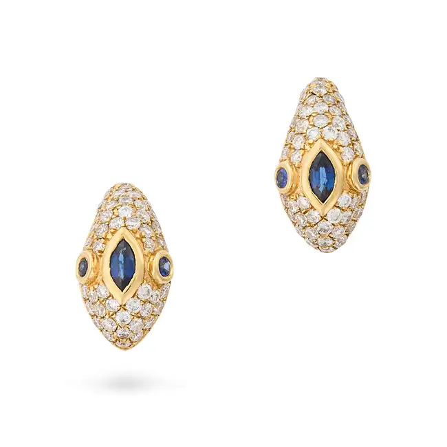 NO RESERVE - A PAIR OF SAPPHIRE AND DIAMOND SNAKE HUGGIE HOOP EARRINGS in 18ct yellow gold, each