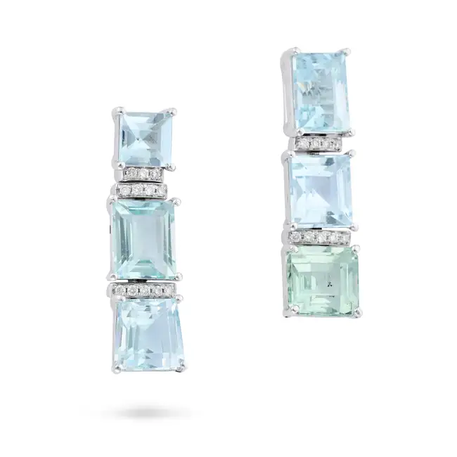 NO RESERVE - A PAIR OF AQUAMARINE AND DIAMOND DROP EARRINGS each comprising a row of three square