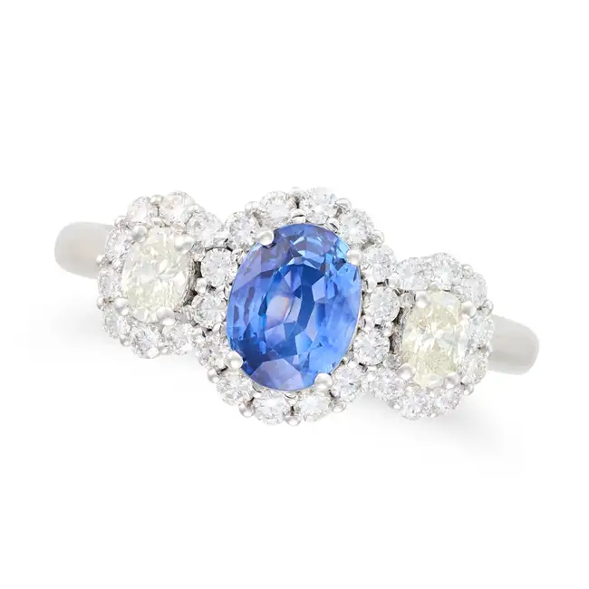 A SAPPHIRE AND DIAMOND DRESS RING set with an oval cut sapphire of 1.08 carats within a cluster of