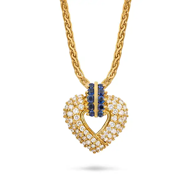A DIAMOND AND SAPPHIRE HEART PENDANT NECKLACE the pendant designed as a heart set with round