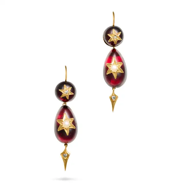 A PAIR OF ANTIQUE VICTORIAN GARNET, DIAMOND AND PEARL DROP EARRINGS each comprising a round cabochon