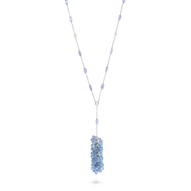 A SAPPHIRE, TANZANITE AND DIAMOND NECKLACE comprising a trace chain set with oval cut tanzanites and