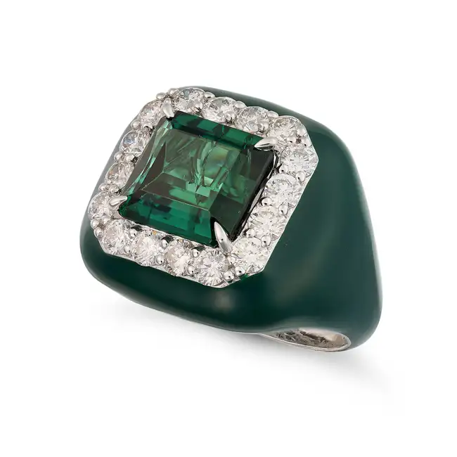 OSCAR FRIEDMAN, A GREEN TOURMALINE, DIAMOND AND ENAMEL RING set with an octagonal step cut green