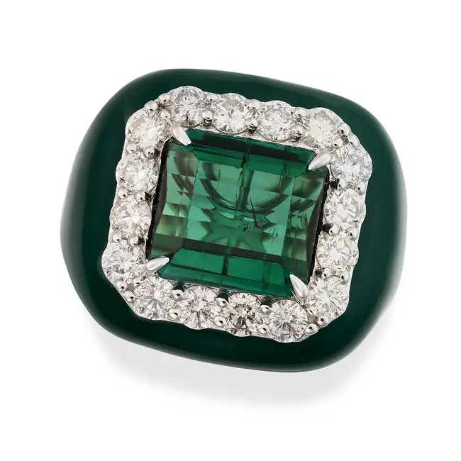 OSCAR FRIEDMAN, A GREEN TOURMALINE, DIAMOND AND ENAMEL RING set with an octagonal step cut green