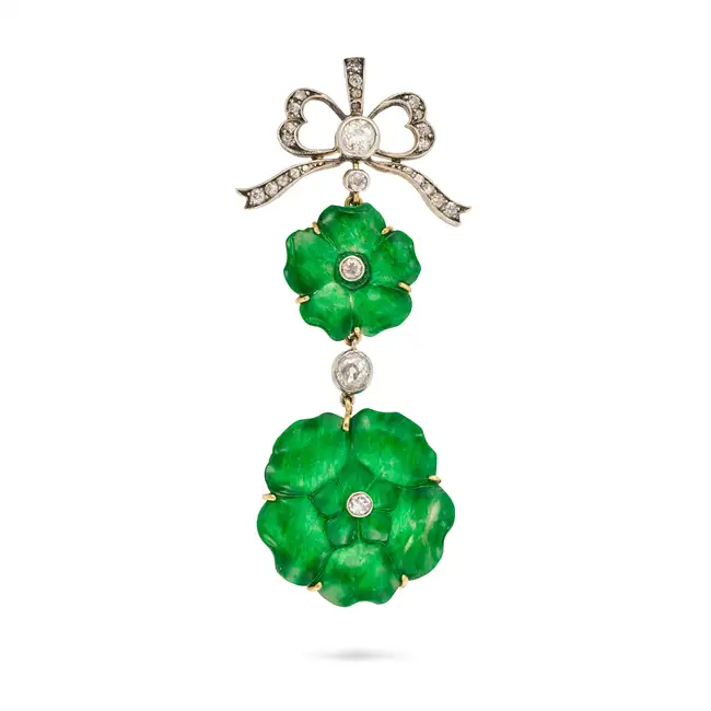 A FINE UNTREATED JADEITE JADE AND DIAMOND PENDANT comprising two jadeite jade plaques carved to