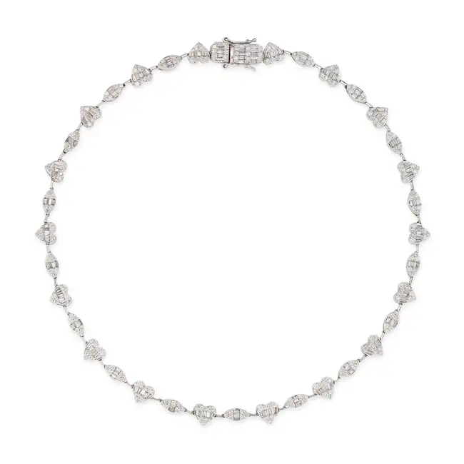 A DIAMOND COLLAR NECKLACE comprising a row of heart shaped and navette links set with round