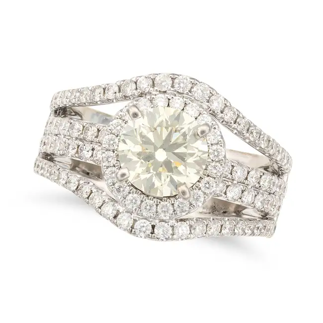 A FINE DIAMOND RING set with a round brilliant cut diamond of approximately 1.45 carats, the