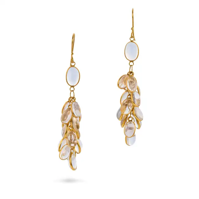 A PAIR OF MOONSTONE CLUSTER DROP EARRINGS each set with a cluster of oval cabochon moonstones, no
