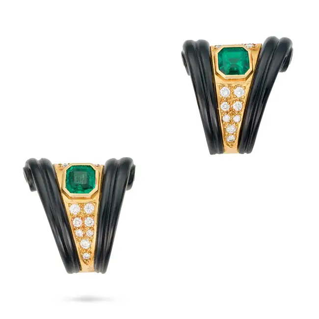 A PAIR OF EMERALD, DIAMOND AND ONYX EARRINGS each set with an octagonal step cut emerald and round