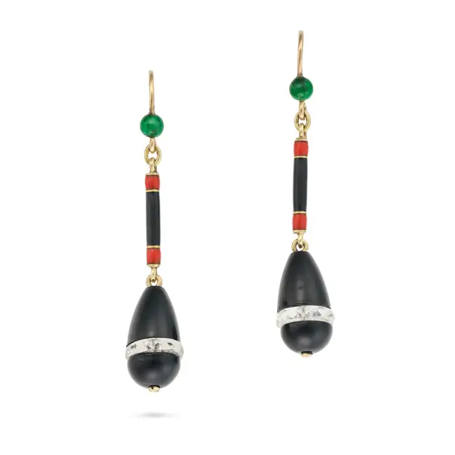 A PAIR OF ONYX, ROCK CRYSTAL AND JADEITE JADE DROP EARRINGS each comprising a drop of polished