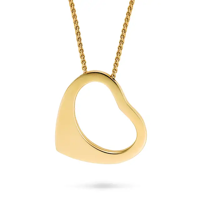 A GOLD HEART PENDANT NECKLACE the pendant designed as an open heart, suspended from a spiga chain,