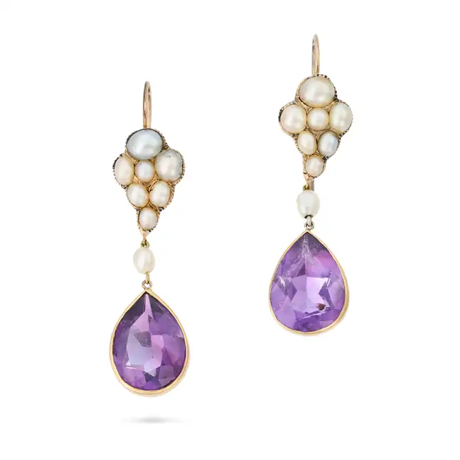 A PAIR OF AMETHYST AND PEARL DROP EARRINGS each comprising a cluster of pearls, suspending a pear