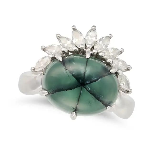 AN 8.48 CARAT TRAPICHE EMERALD AND DIAMOND RING set with a cabochon trapiche emerald of 8.48 carats,