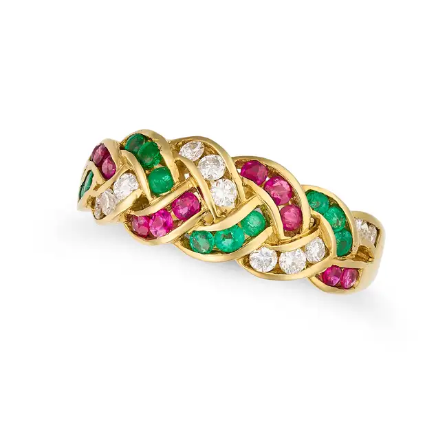 AN ITALIAN RUBY, EMERALD AND DIAMOND DRESS RING in 18ct yellow gold, in woven design, set with round