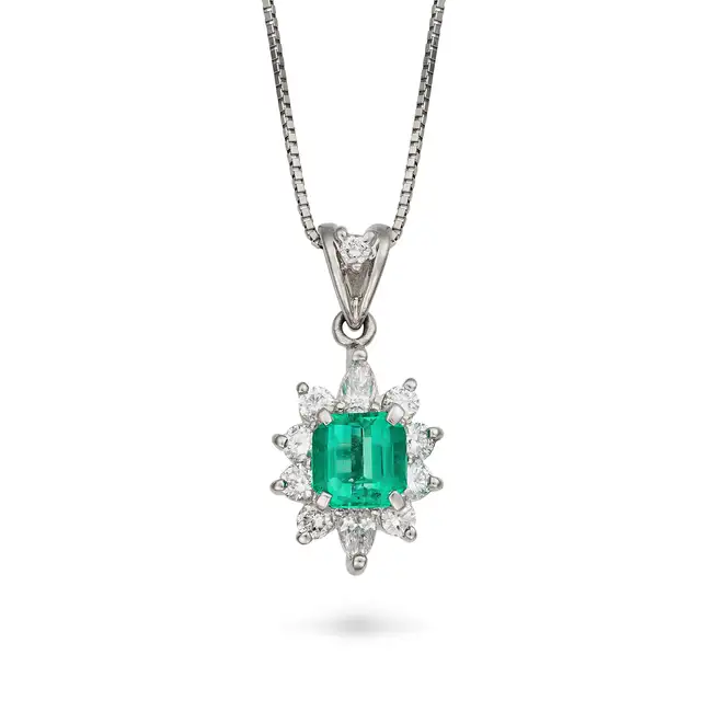 AN EMERALD AND DIAMOND PENDANT NECKLACE the pendant set with an octagonal step cut emerald of 0.85