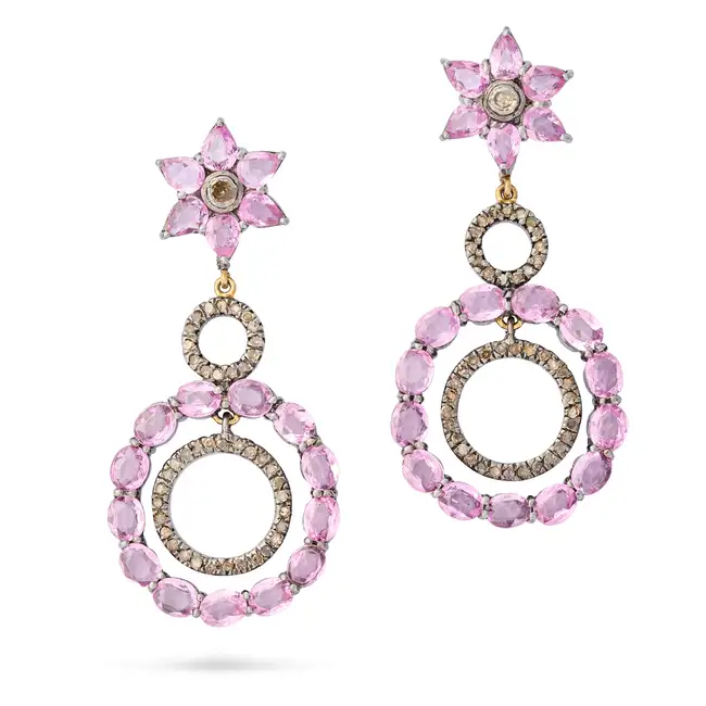 A PAIR OF PINK SAPPHIRE AND DIAMOND DROP EARRINGS each comprising concentric hoops of oval cut
