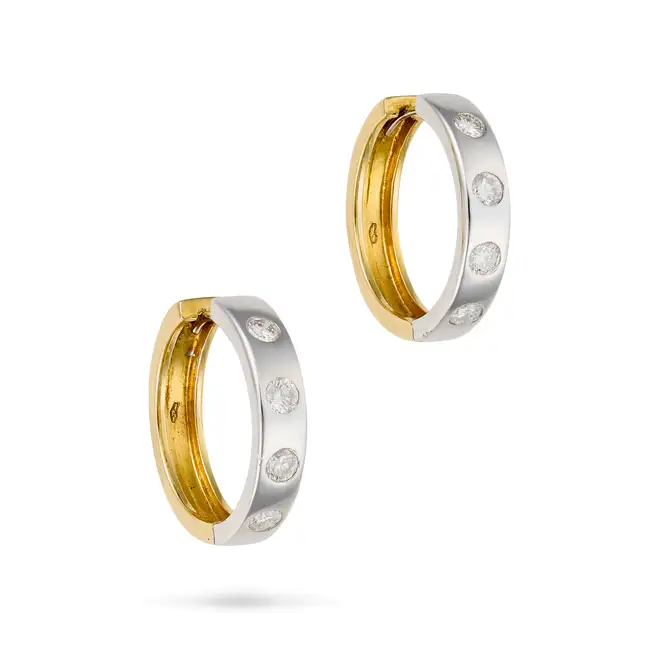 A PAIR OF DIAMOND HOOP EARRINGS in 18ct white and yellow gold, each designed as a hoop set with