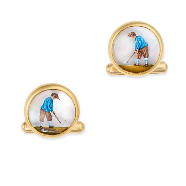 THEO FENNELL, A PAIR OF ESSEX CRYSTAL GOLF CUFFLINKS in 18ct yellow gold, each set with a reverse