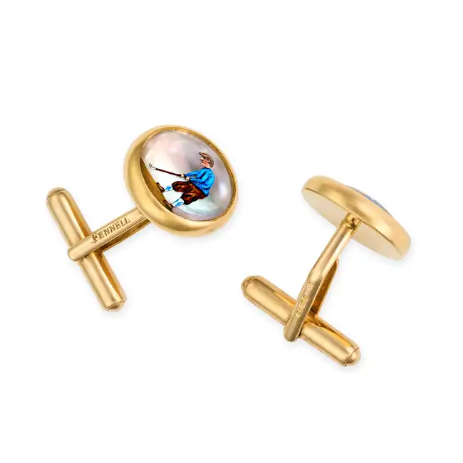 LOT WITHDRAWN THEO FENNELL, A PAIR OF ESSEX CRYSTAL GOLF CUFFLINKS in 18ct yellow gold, each set