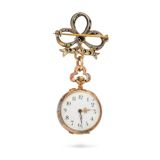 NO RESERVE - AN ANTIQUE SAPPHIRE AND DIAMOND FOB WATCH BROOCH, 19TH CENTURY in yellow gold and