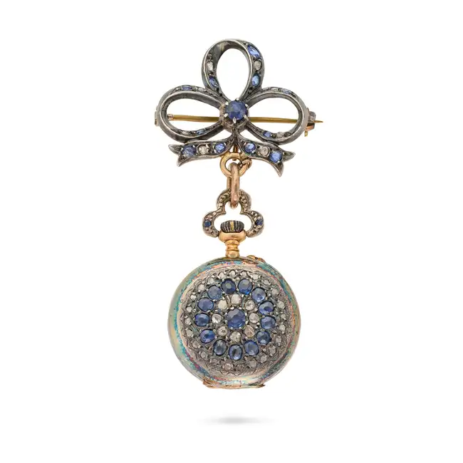 NO RESERVE - AN ANTIQUE SAPPHIRE AND DIAMOND FOB WATCH BROOCH, 19TH CENTURY in yellow gold and