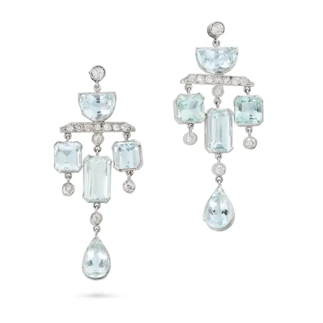 A PAIR OF AQUAMARINE AND DIAMOND DROP EARRINGS the articulated bodies set with half moon and