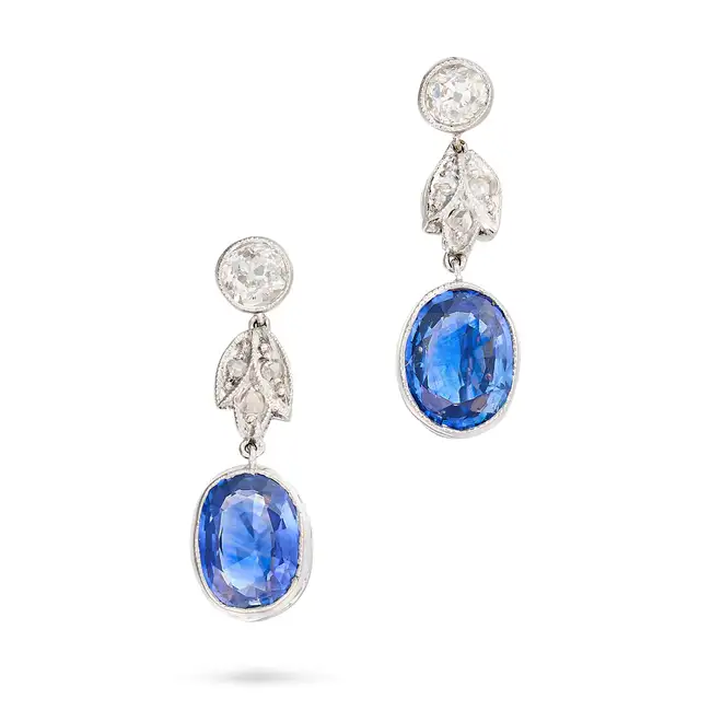 A PAIR OF SAPPHIRE AND DIAMOND DROP EARRINGS each in foliate design set with old and rose cut