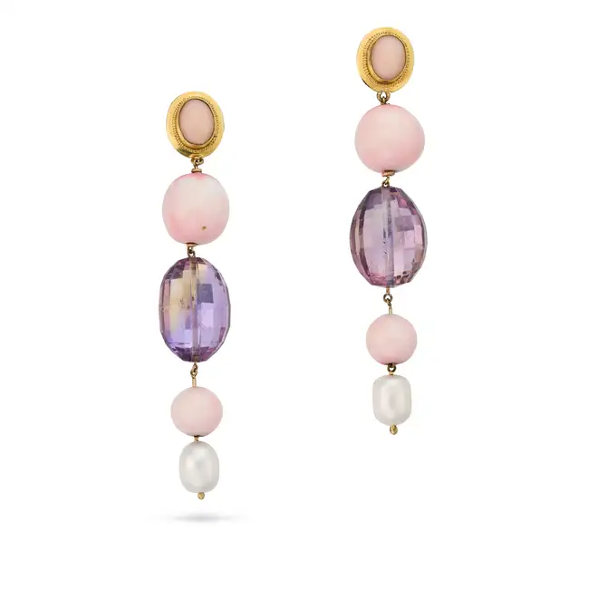 A PAIR OF CORAL, PINK OPAL, AMETHYST AND PEARL EARRINGS each comprising an oval cabochon coral,