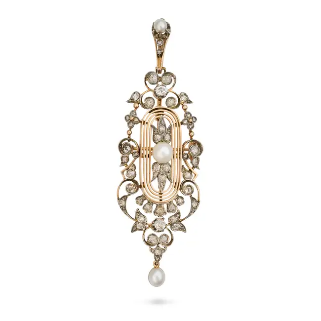 A FINE ANTIQUE FRENCH NATURAL SALTWATER PEARL AND DIAMOND BROOCH / PENDANT, 19TH CENTURY in 18ct