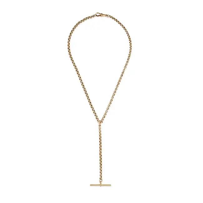AN ANTIQUE T BAR NECKLACE in 9ct yellow gold, comprising a belcher chain suspending a length of